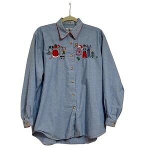 Vintage Y2K Signatures Northern Isles Embroidered Christmas Chambray SKI SANTA